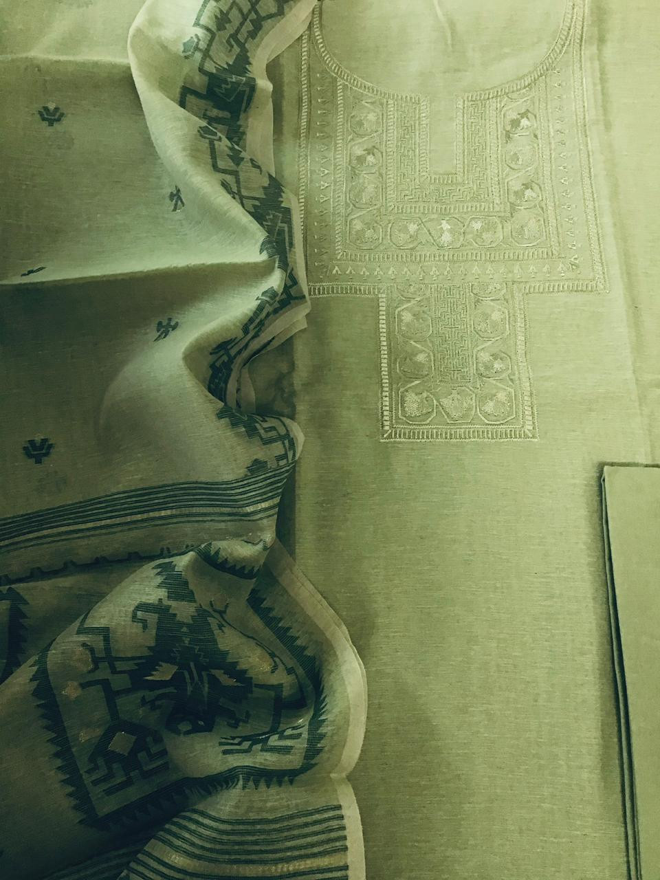 Soft Slub Chanderi Jamdani Weaved Embroidered Suit - Green