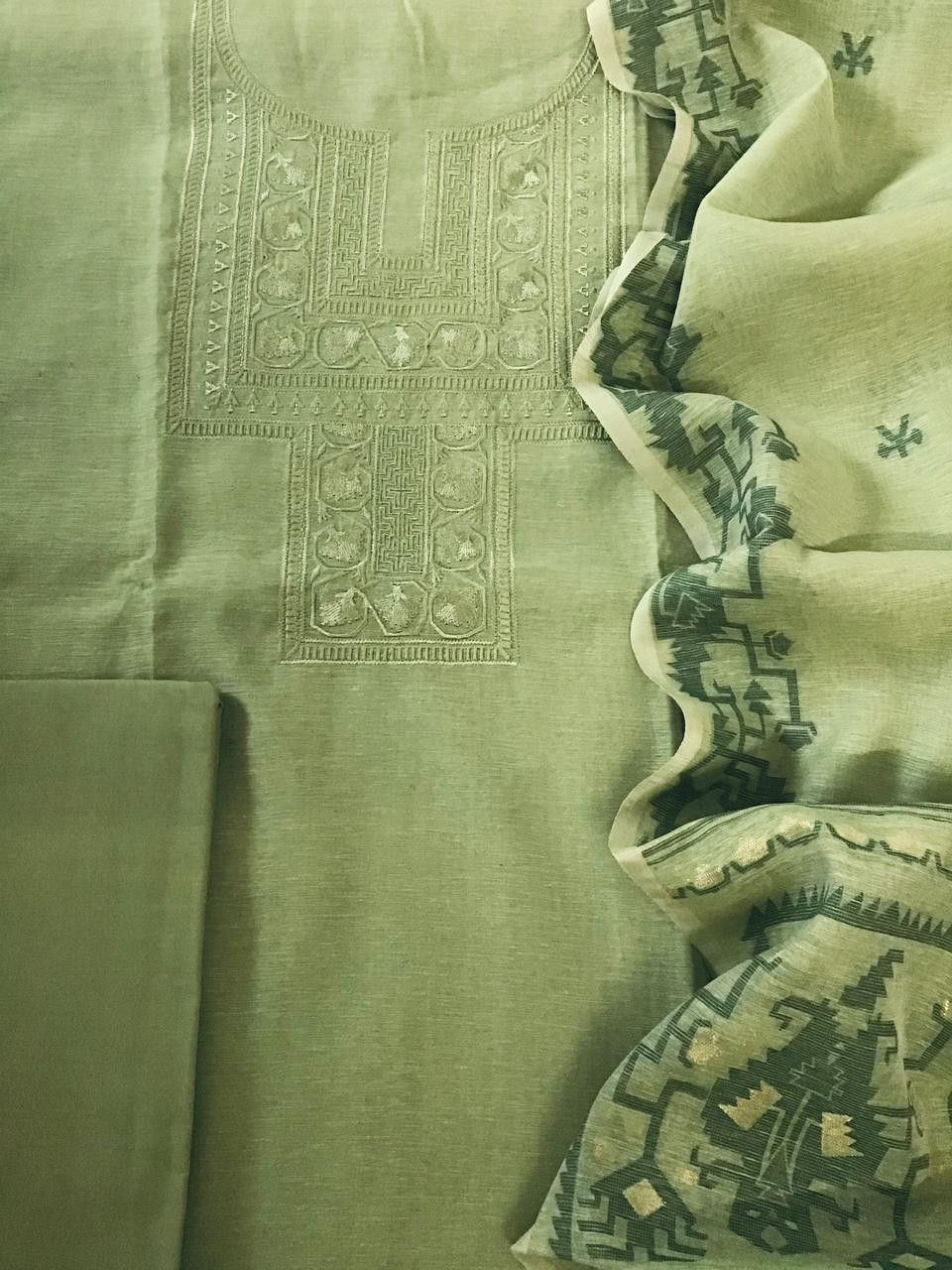 Soft Slub Chanderi Jamdani Weaved Embroidered Suit - Green