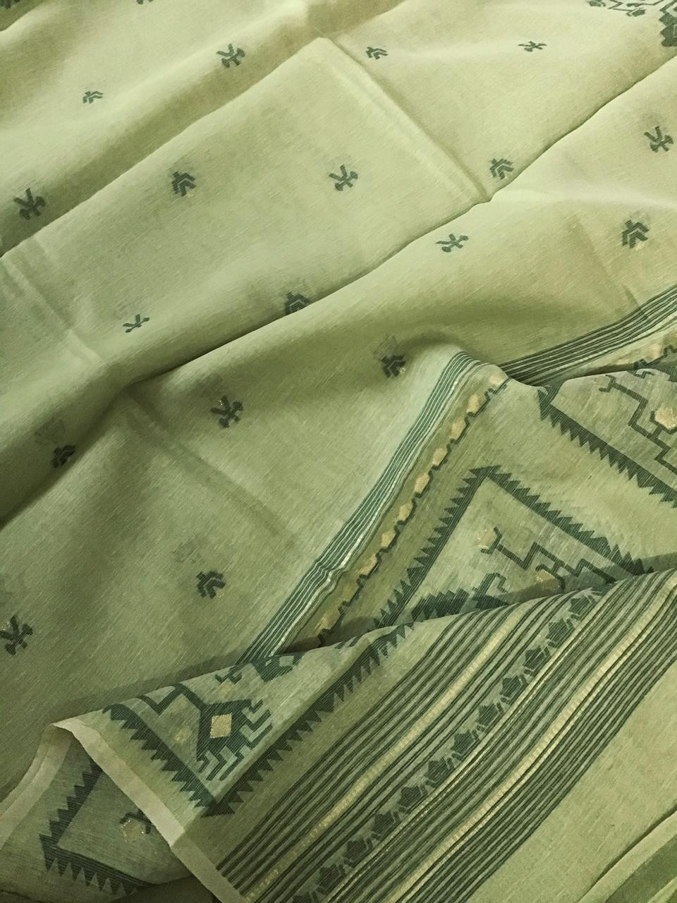 Soft Slub Chanderi Jamdani Weaved Embroidered Suit - Green