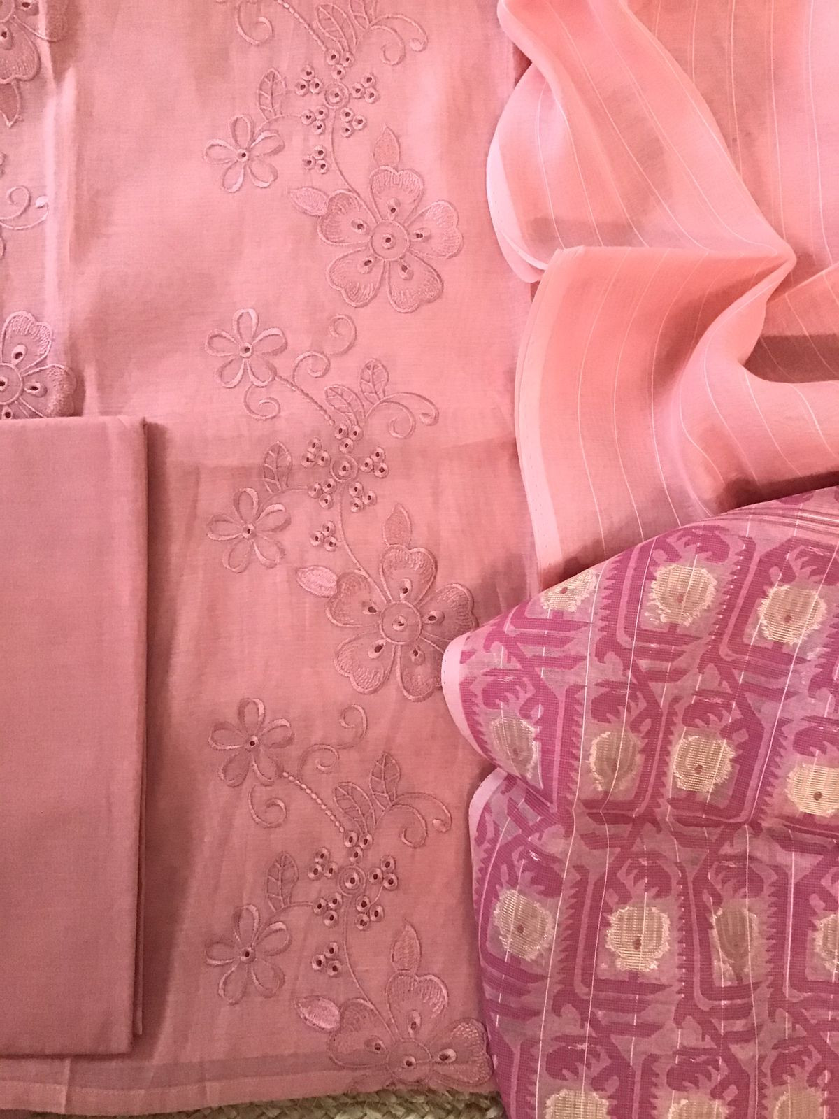 Soft Slub Chanderi Jamdani Weaved Embroidered Suit - Peach