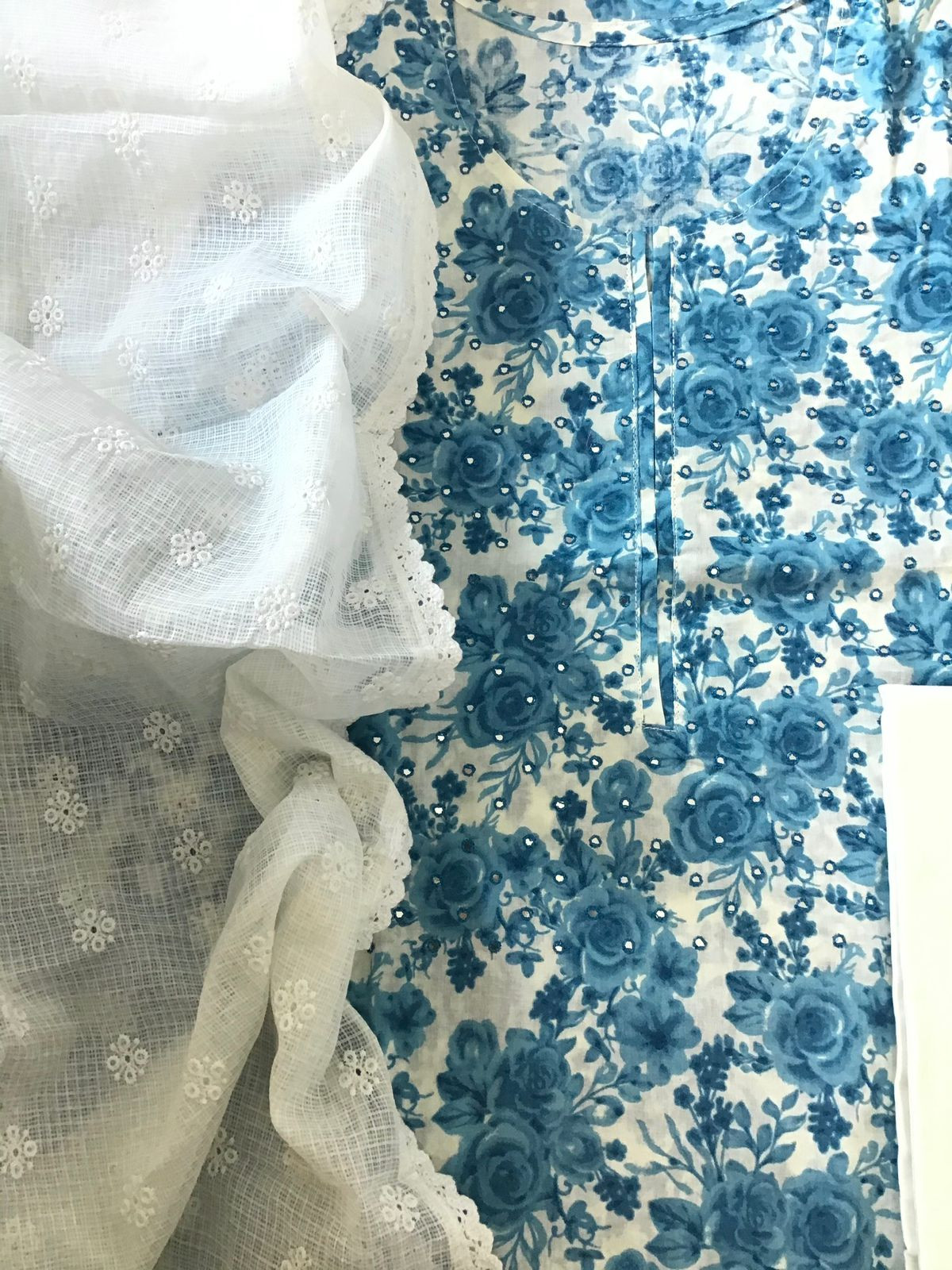 Pure Cotton Printed Embroidered Suit - Blue