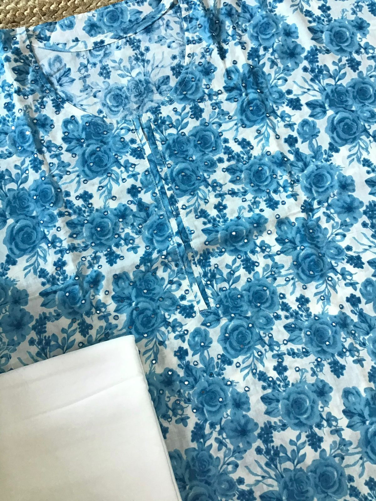 Pure Cotton Printed Embroidered Suit - Blue