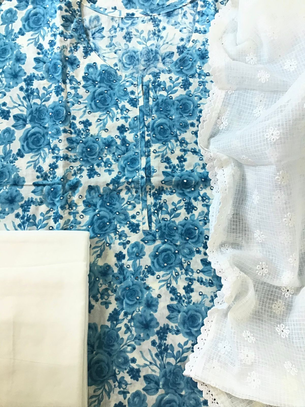 Pure Cotton Printed Embroidered Suit - Blue