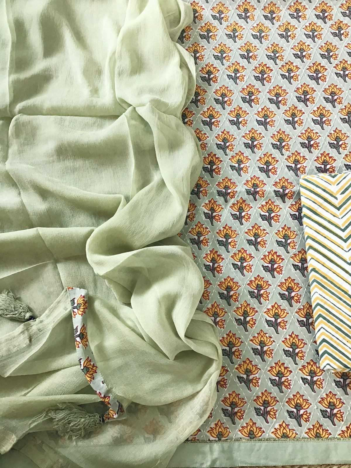 Pure Cotton Printed Embroidered Suit - Green