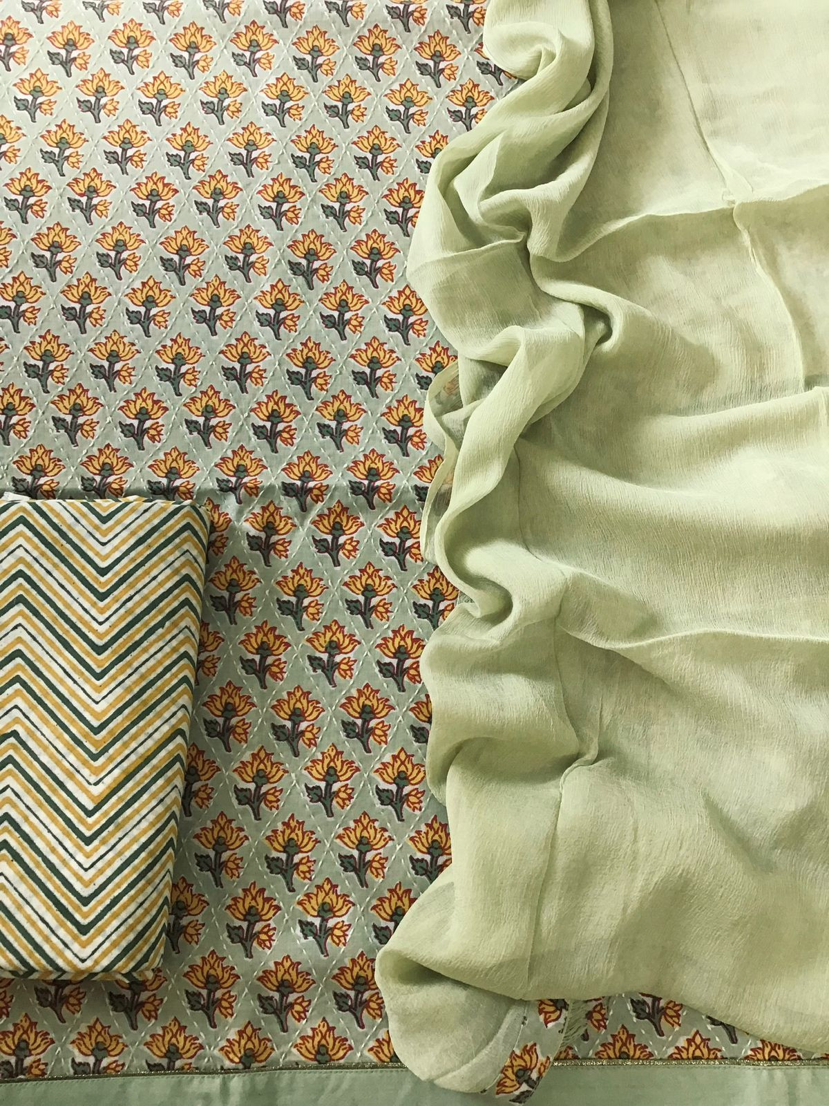 Pure Cotton Printed Embroidered Suit - Green