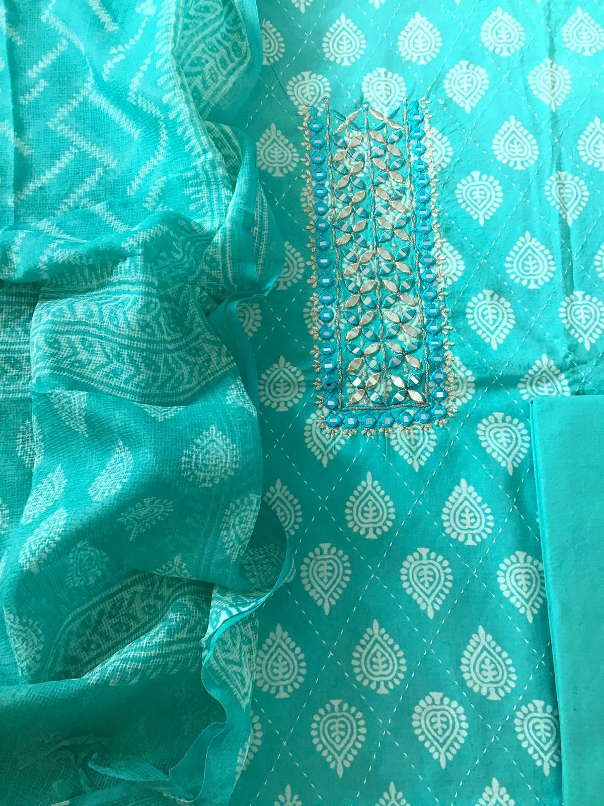 Pure Cotton Printed Embroidered Suit - Blue