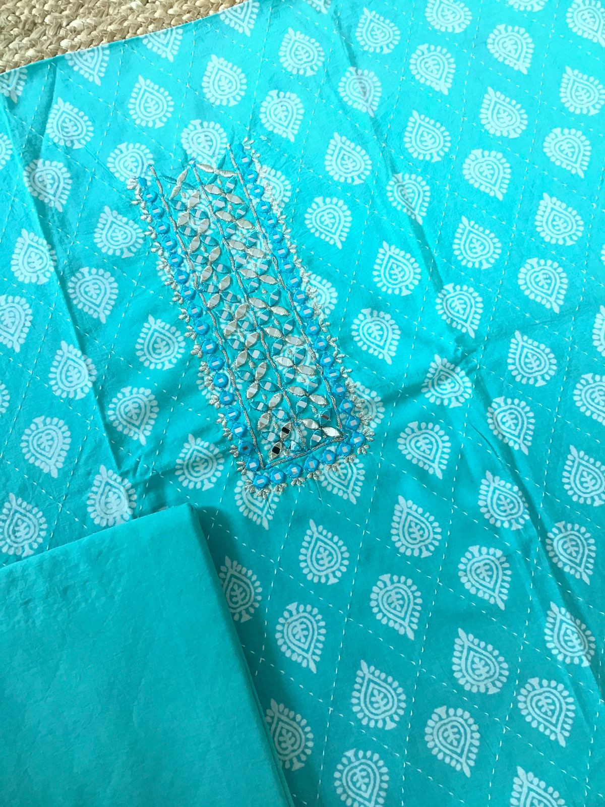 Pure Cotton Printed Embroidered Suit - Blue