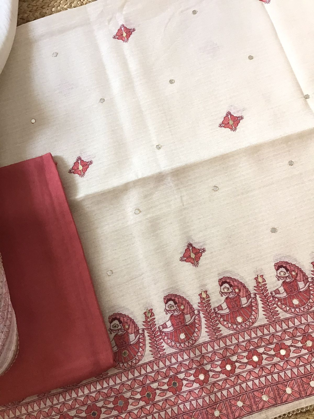 Soft Fine Semi Geecha Tussar Printed Embroidered Suit - Offwhite