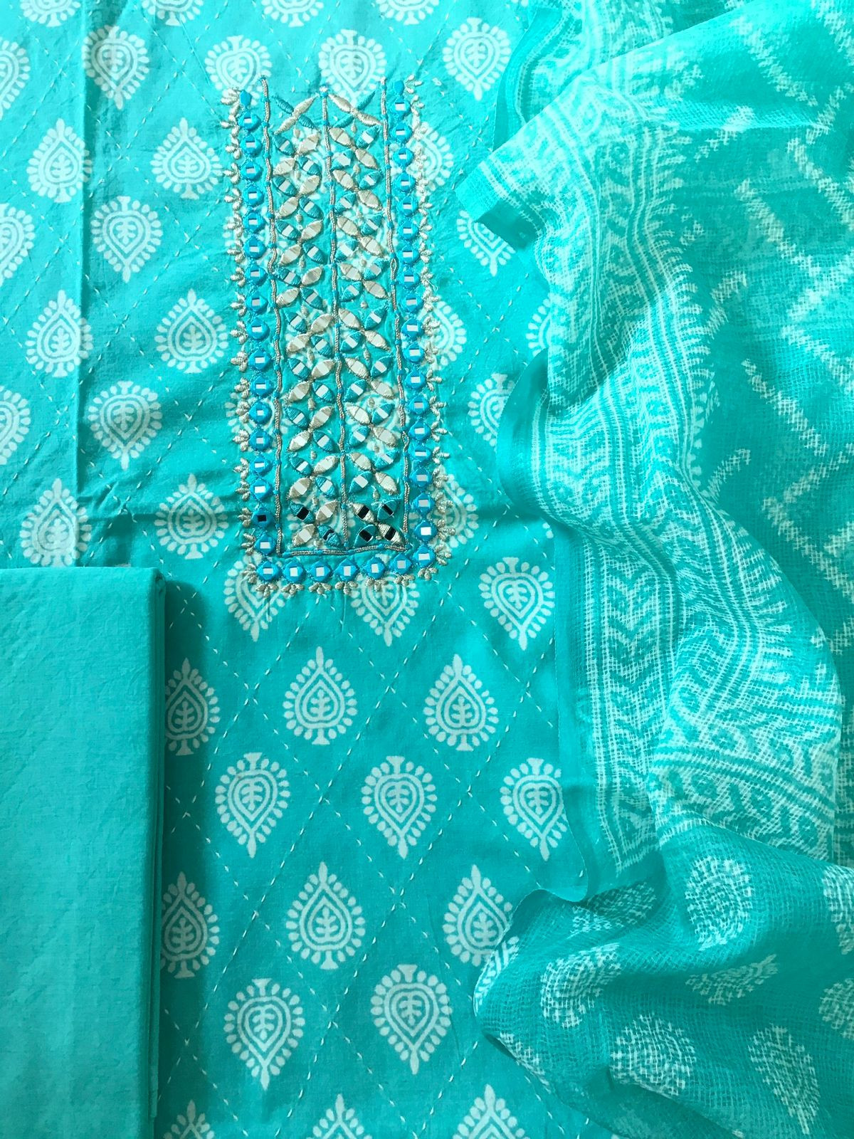 Pure Cotton Printed Embroidered Suit - Blue