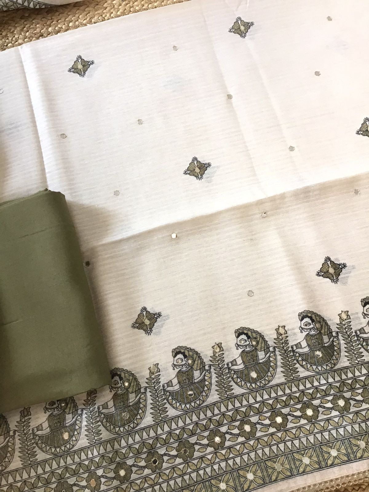 Soft Fine Semi Geecha Tussar Printed Embroidered Suit - Offwhite