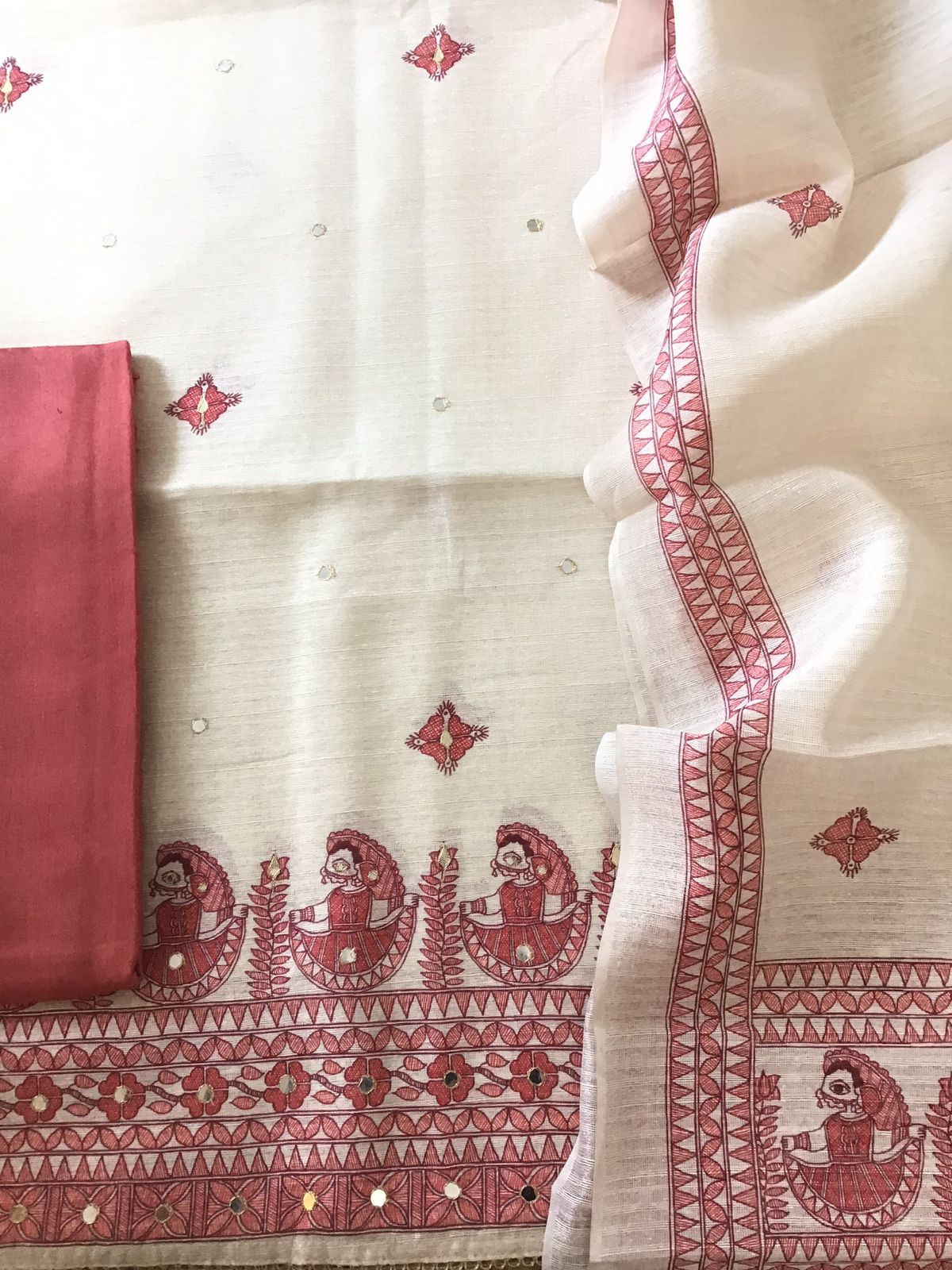 Soft Fine Semi Geecha Tussar Printed Embroidered Suit - Offwhite