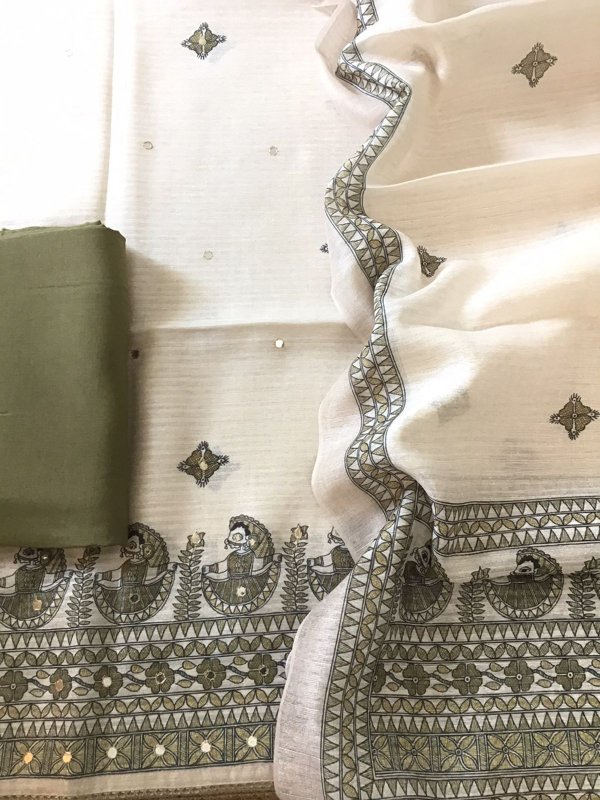 Soft Fine Semi Geecha Tussar Printed Embroidered Suit - Offwhite