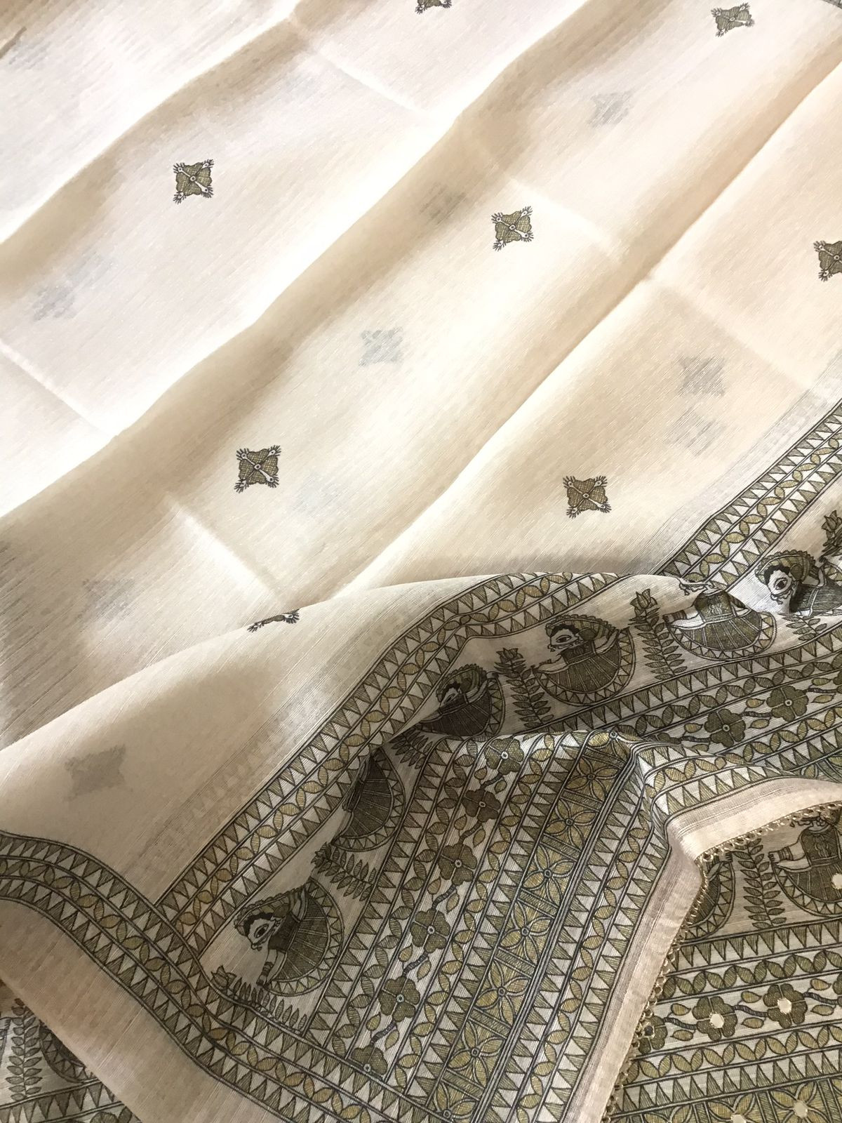 Soft Fine Semi Geecha Tussar Printed Embroidered Suit - Offwhite