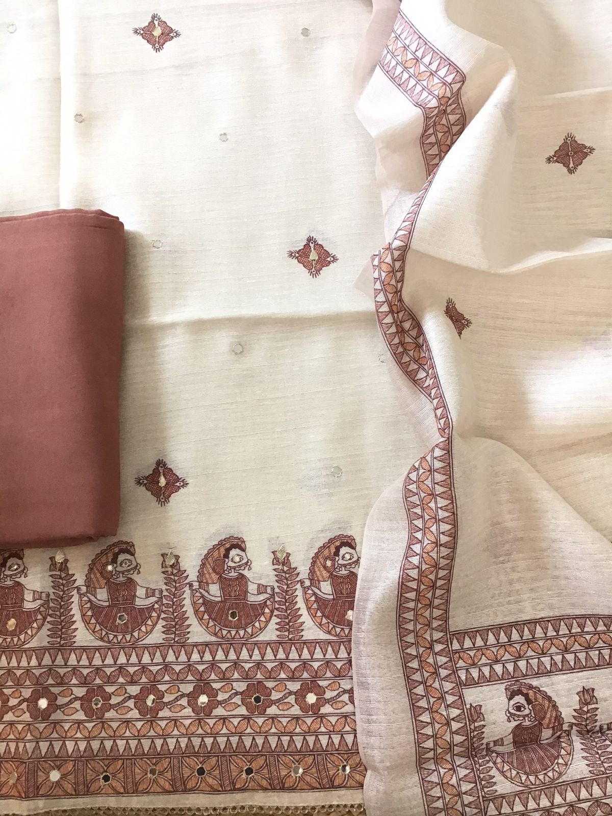 Soft Fine Semi Geecha Tussar Printed Embroidered Suit - Offwhite