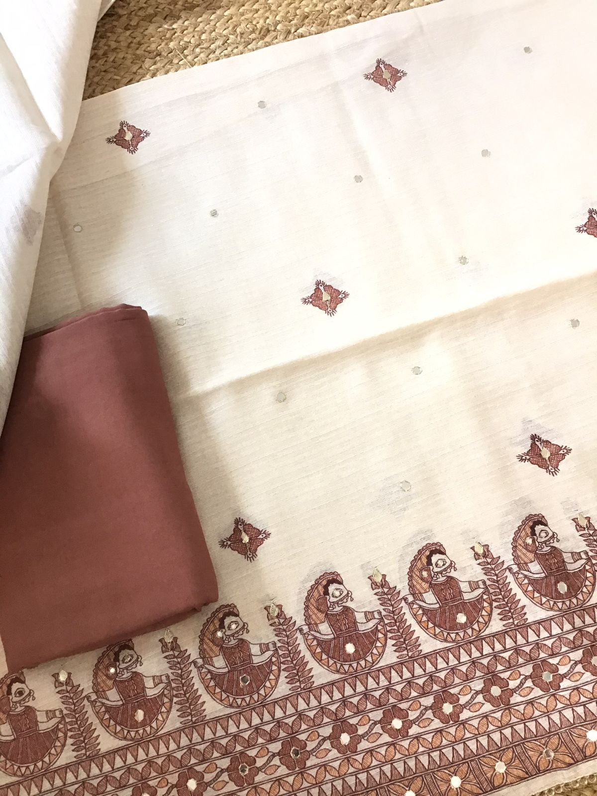 Soft Fine Semi Geecha Tussar Printed Embroidered Suit - Offwhite