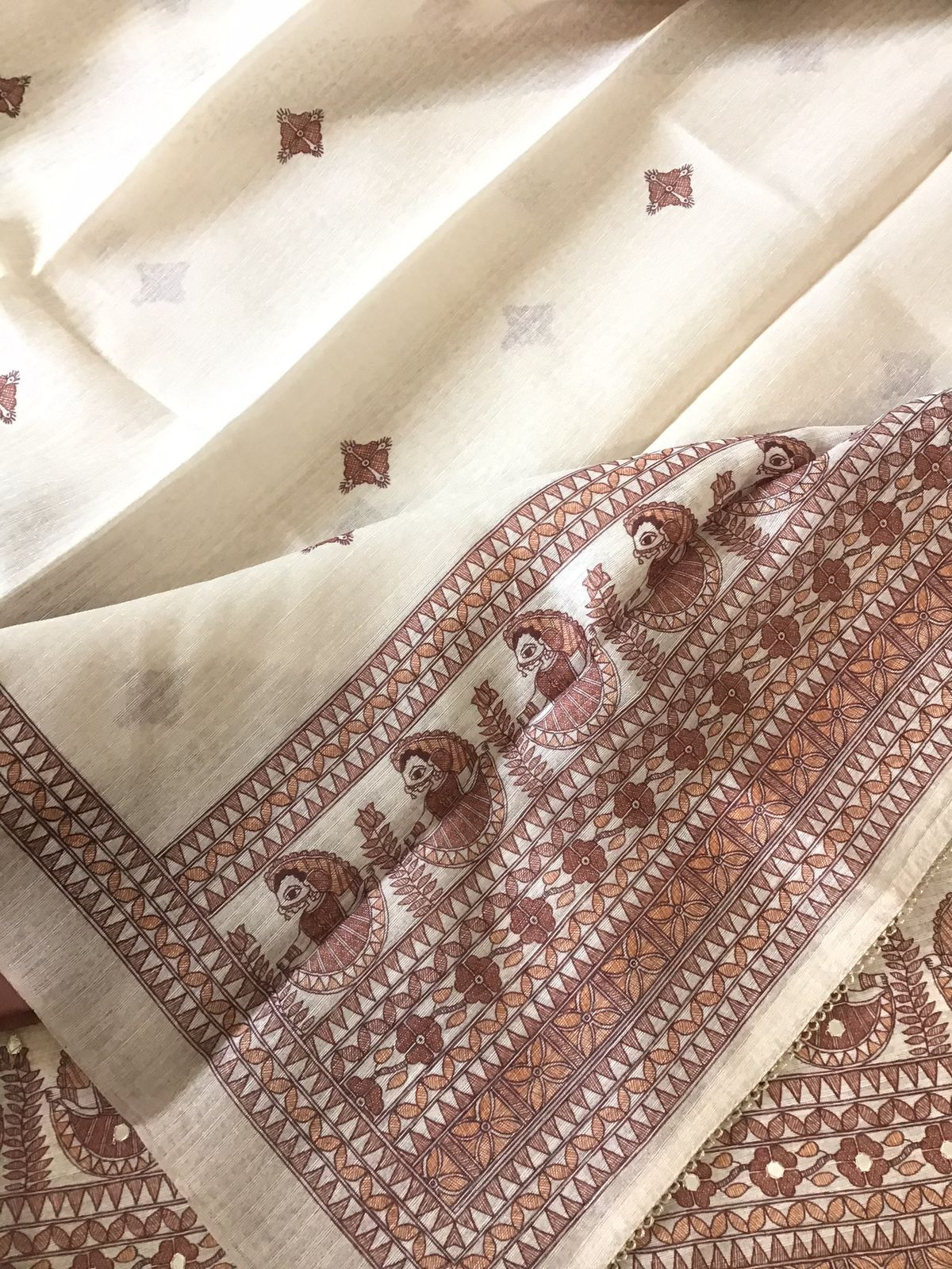 Soft Fine Semi Geecha Tussar Printed Embroidered Suit - Offwhite