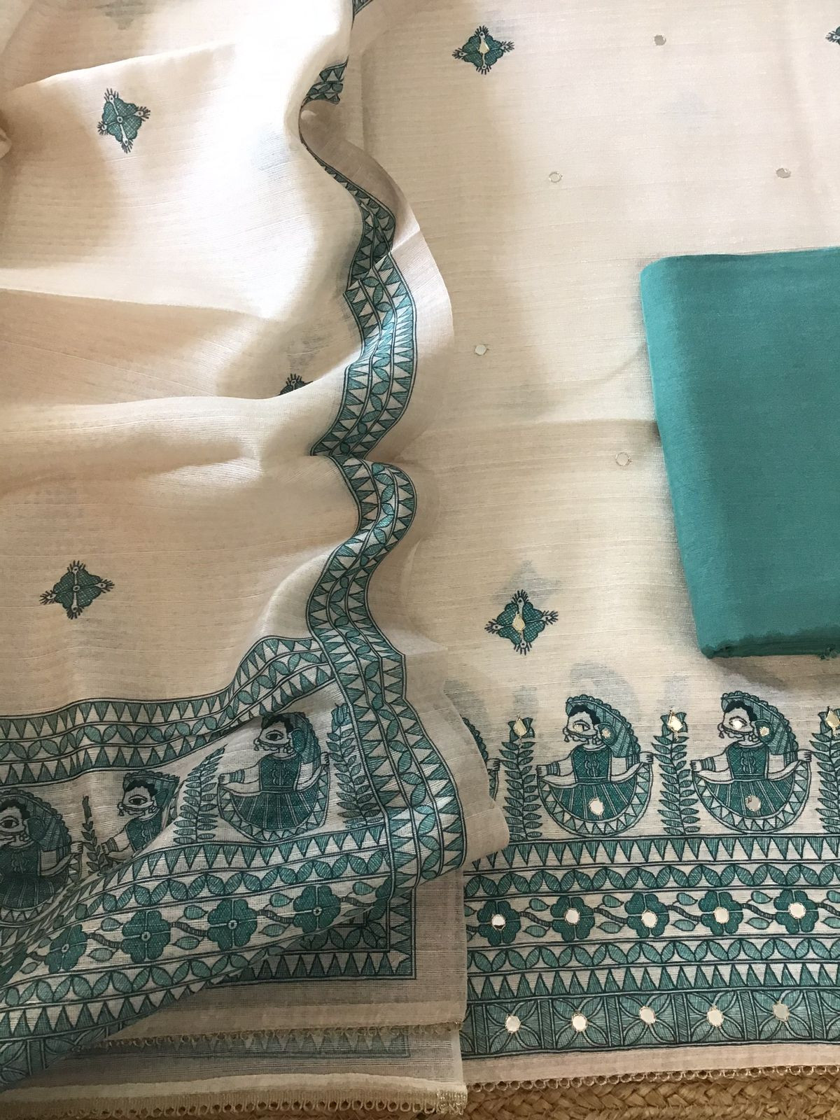 Soft Fine Semi Geecha Tussar Printed Embroidered Suit - Offwhite