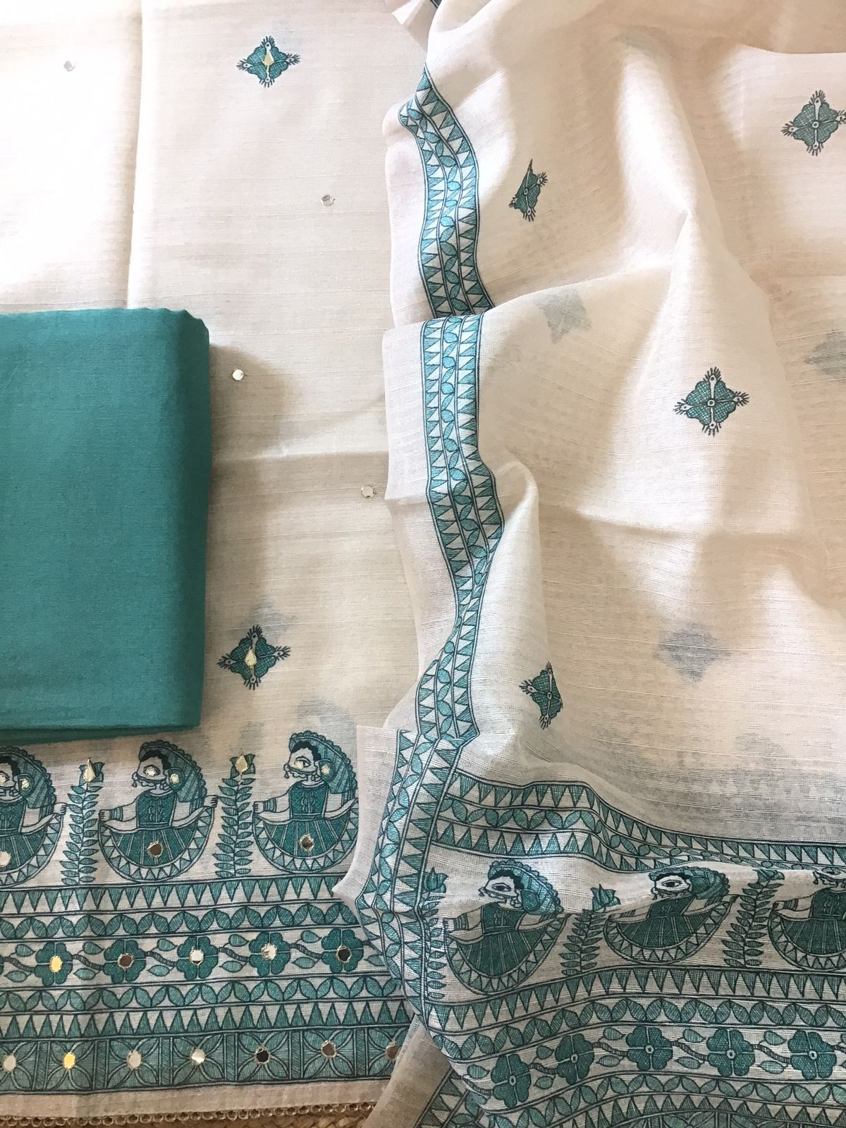 Soft Fine Semi Geecha Tussar Printed Embroidered Suit - Offwhite