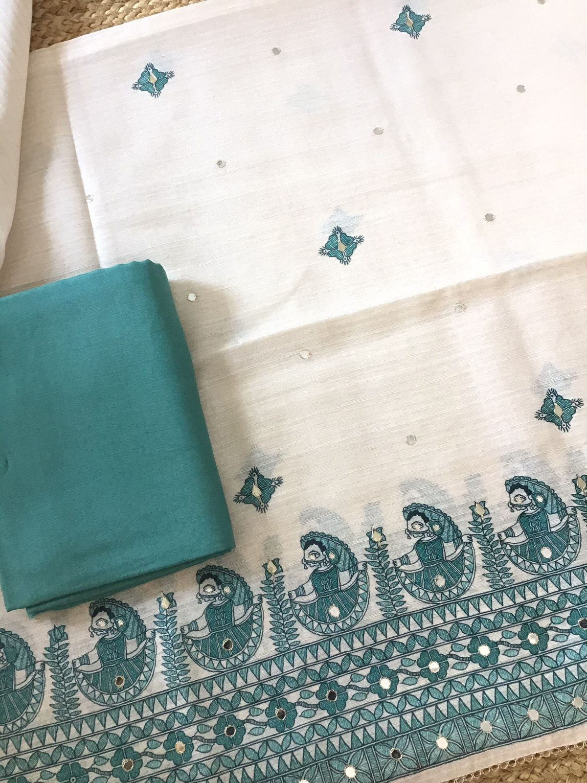 Soft Fine Semi Geecha Tussar Printed Embroidered Suit - Offwhite