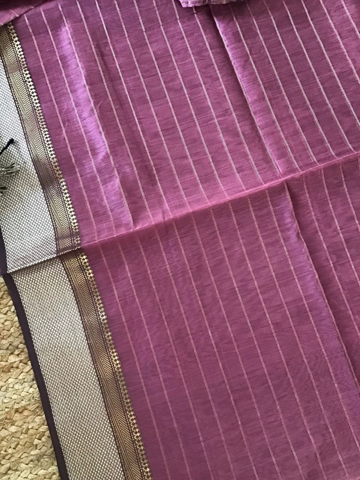 Pure Maheshwari Silk Self Weaved Top And Bottom Set - Purplish Pink