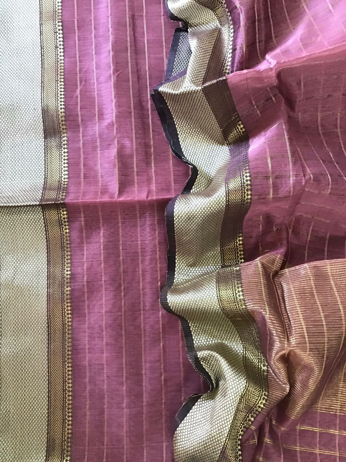 Pure Maheshwari Silk Self Weaved Top And Bottom Set - Purplish Pink