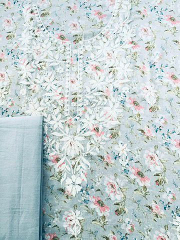 Soft Linen Jute Cotton Printed Embroidered Suit - Grey