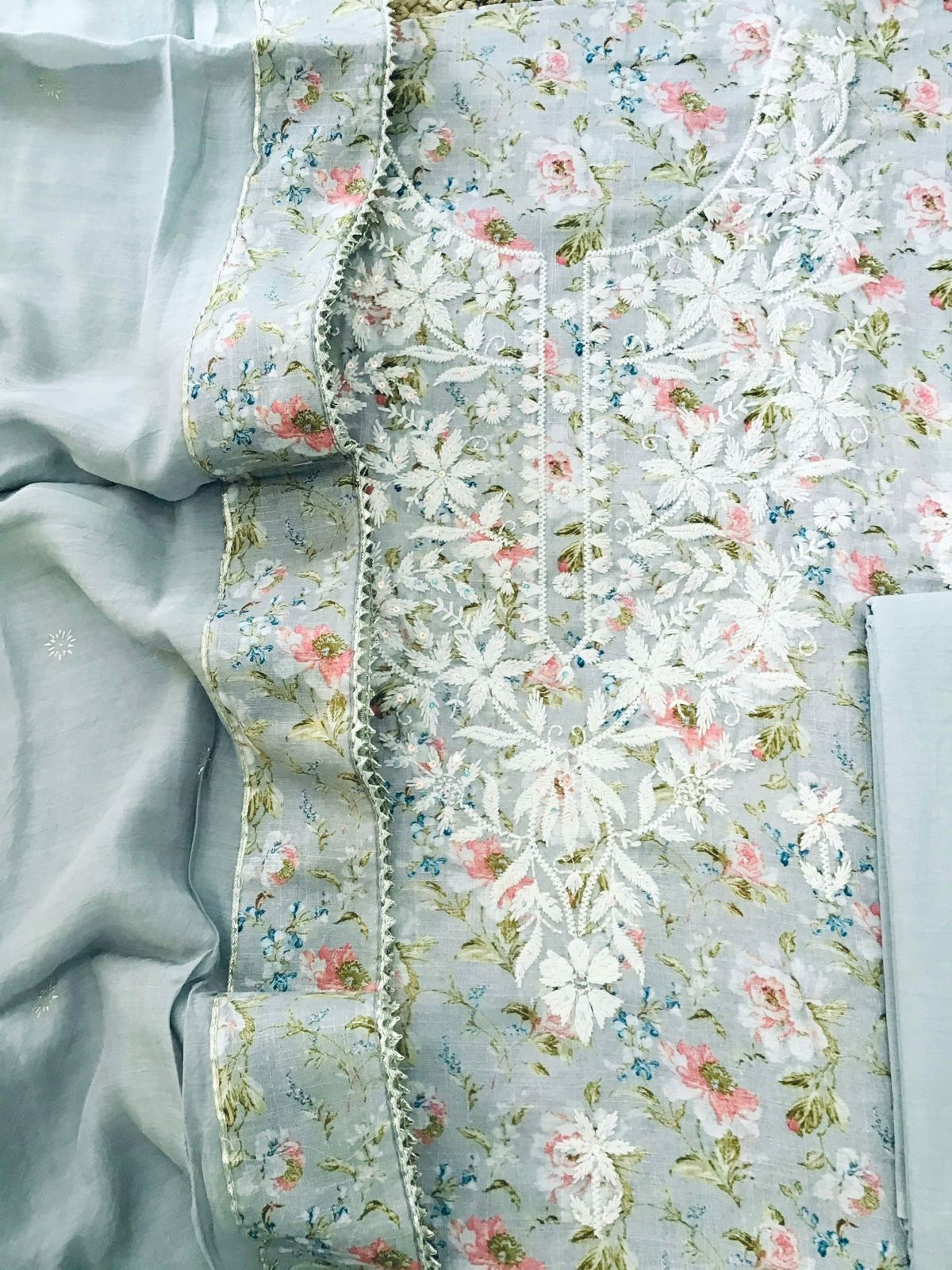 Soft Linen Jute Cotton Printed Embroidered Suit - Grey