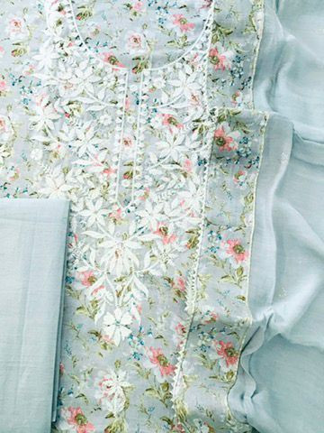 Soft Linen Jute Cotton Printed Embroidered Suit - Grey
