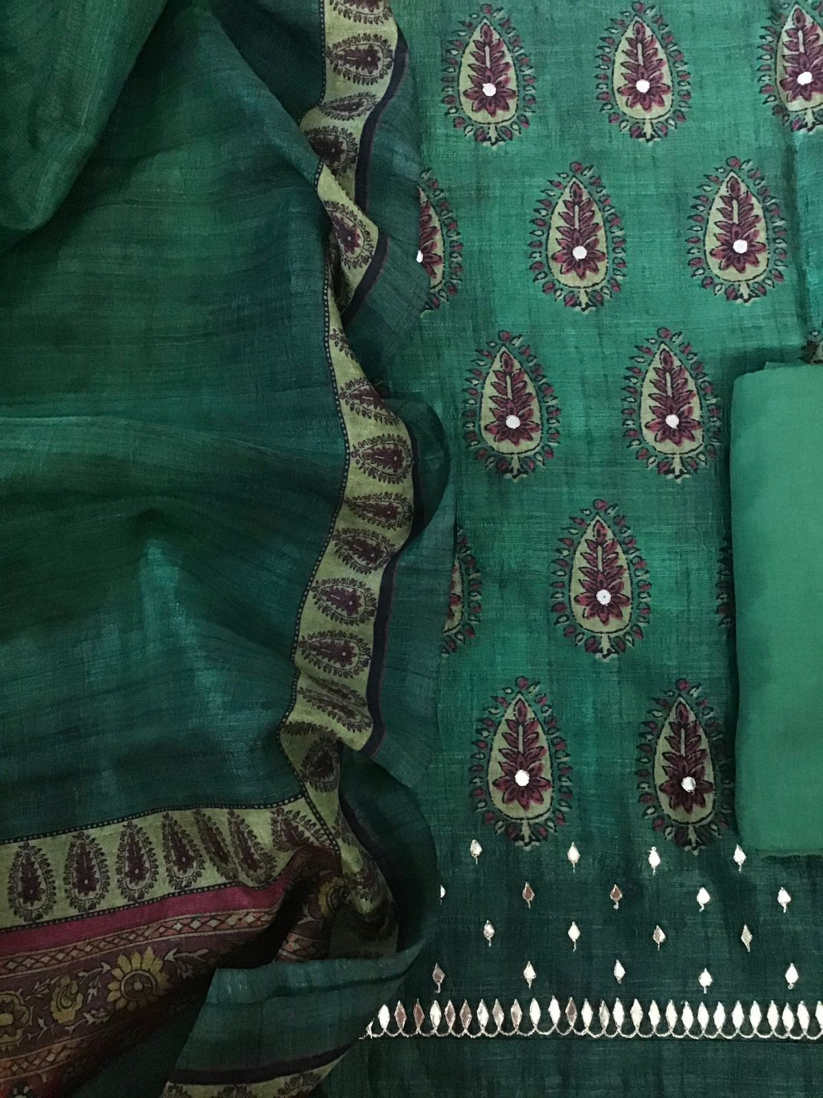 Soft Fine Semi Tussar Printed Embroidered Suit - Green