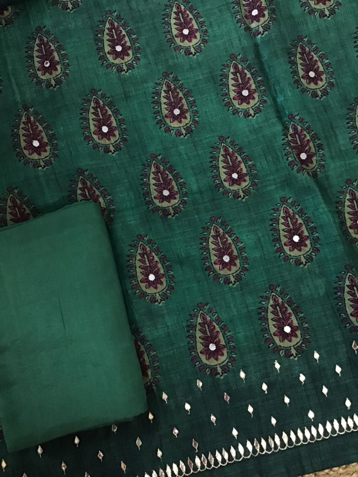 Soft Fine Semi Tussar Printed Embroidered Suit - Green