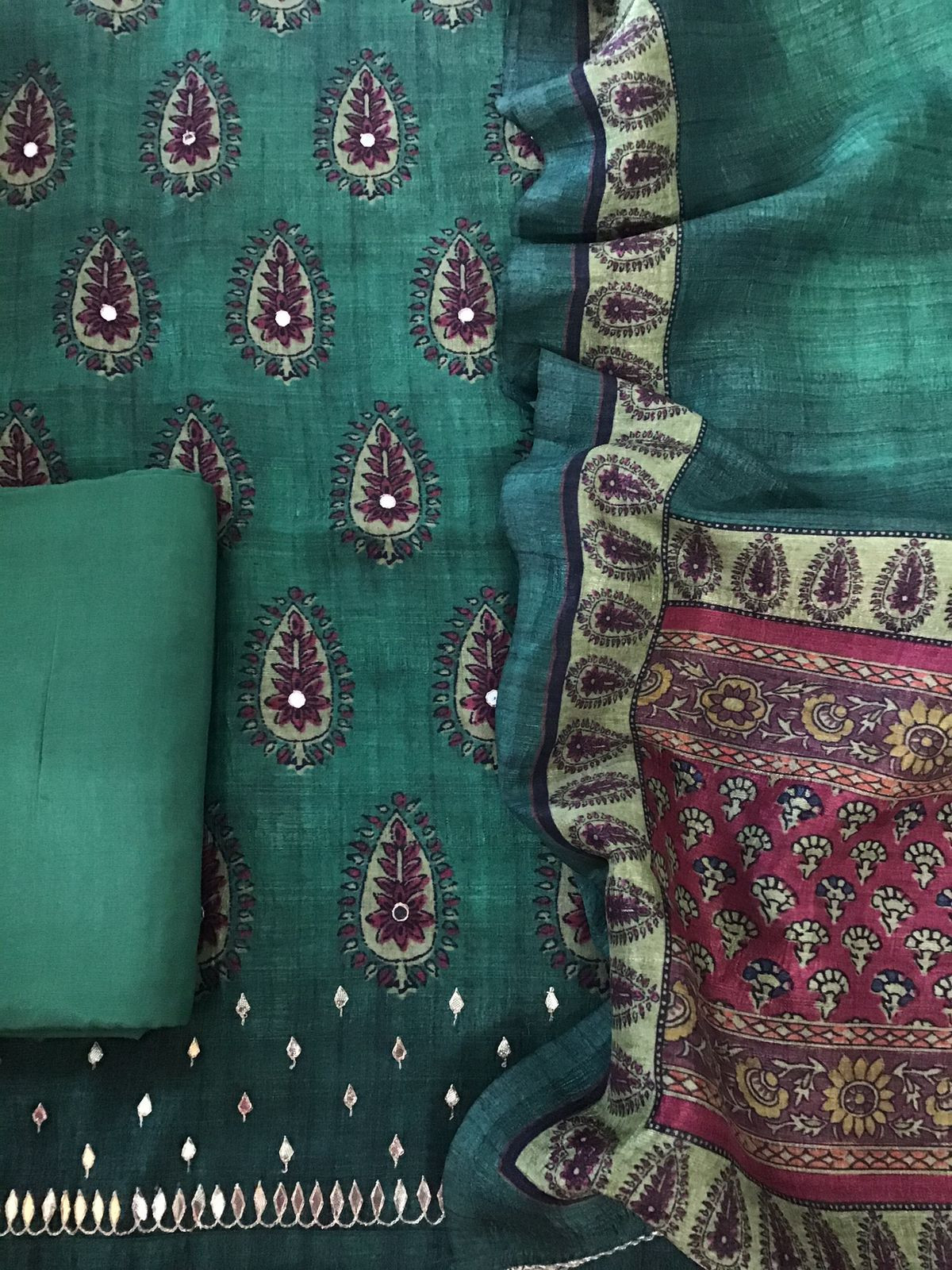 Soft Fine Semi Tussar Printed Embroidered Suit - Green