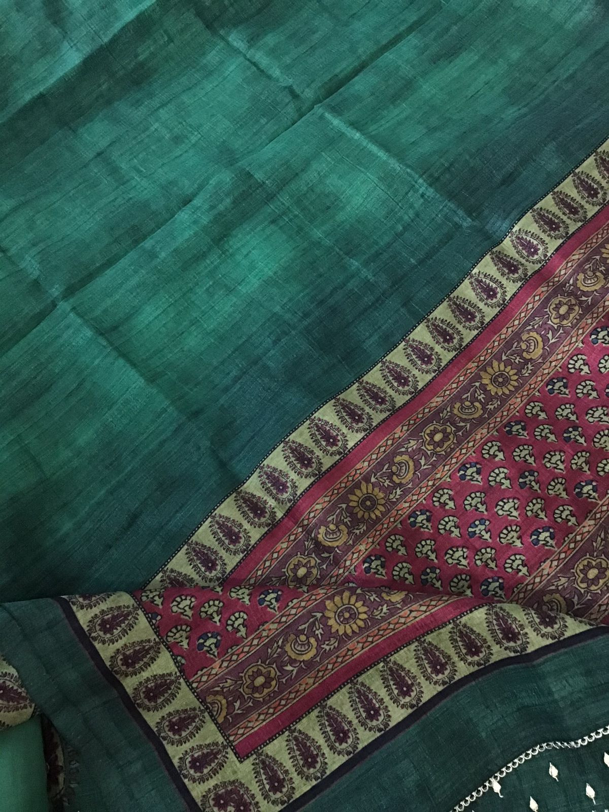 Soft Fine Semi Tussar Printed Embroidered Suit - Green