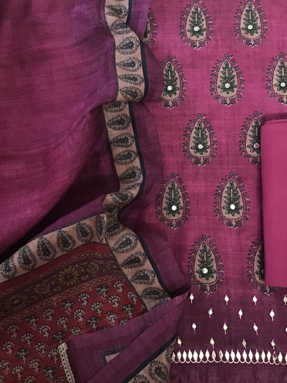 Soft Fine Semi Tussar Printed Embroidered Suit - Pink