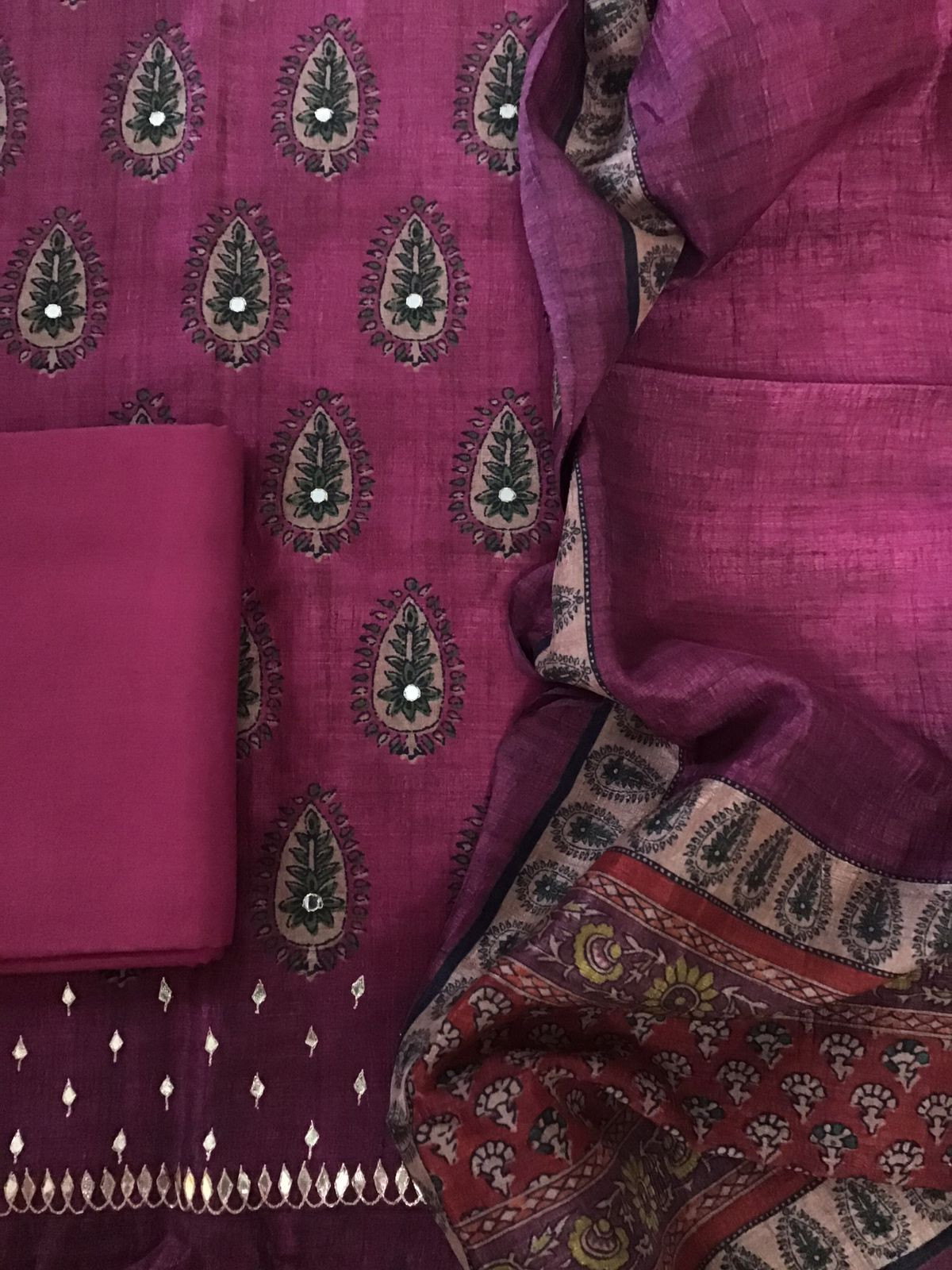 Soft Fine Semi Tussar Printed Embroidered Suit - Pink