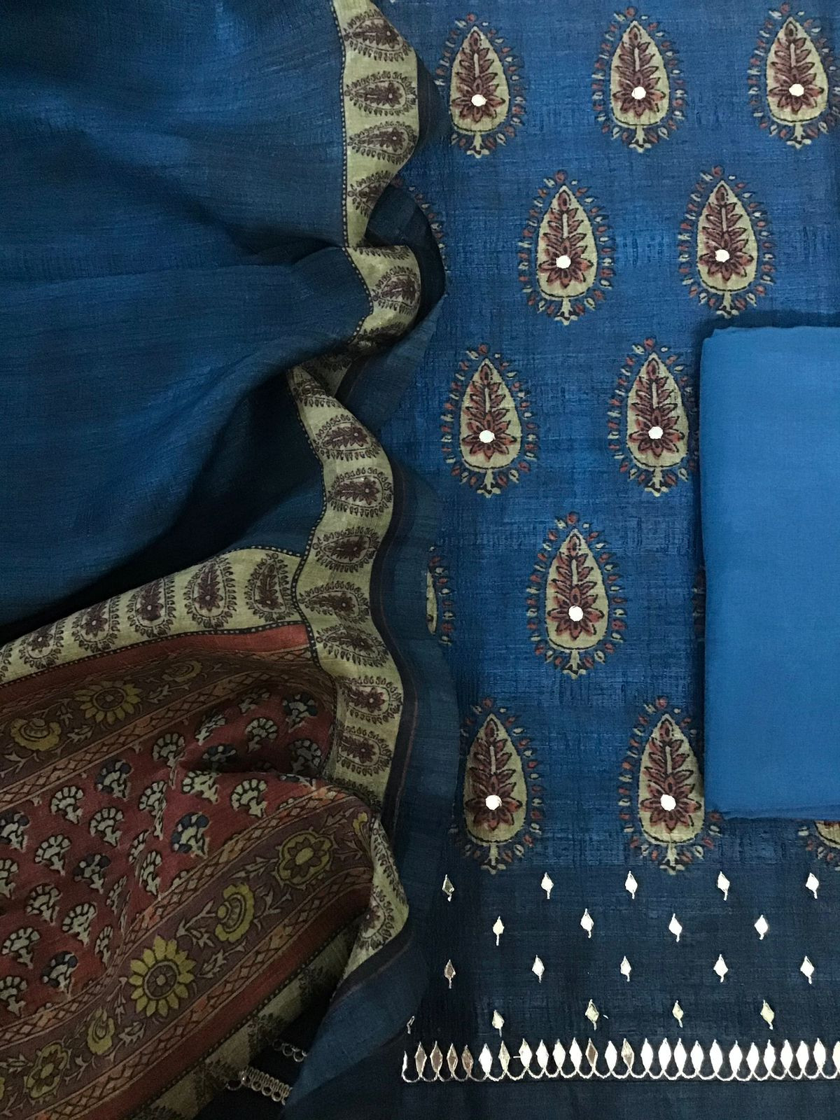 Soft Fine Semi Tussar Printed Embroidered Suit - Blue