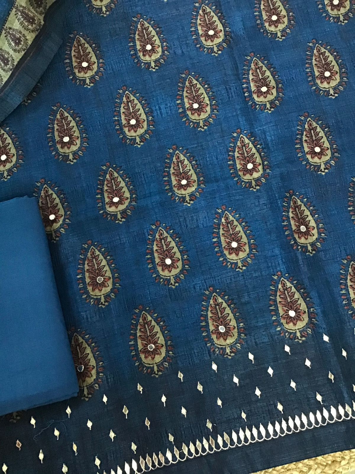 Soft Fine Semi Tussar Printed Embroidered Suit - Blue