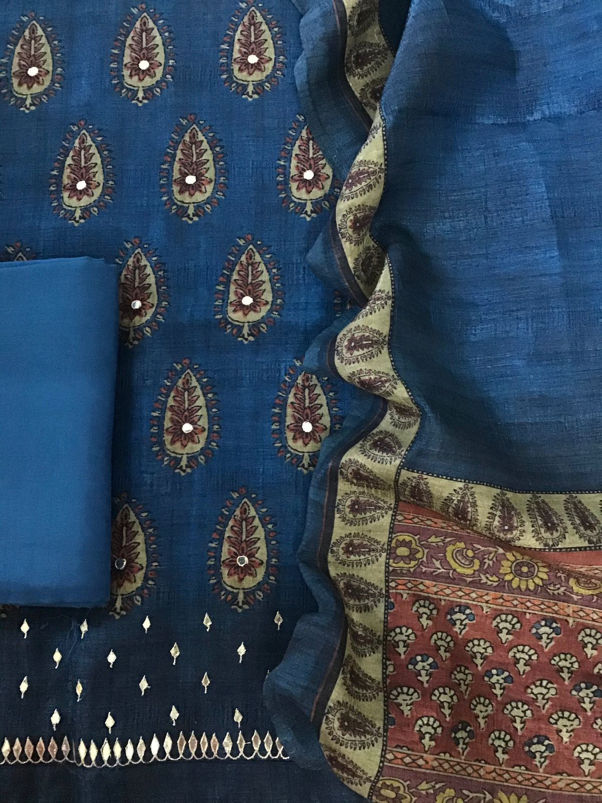 Soft Fine Semi Tussar Printed Embroidered Suit - Blue