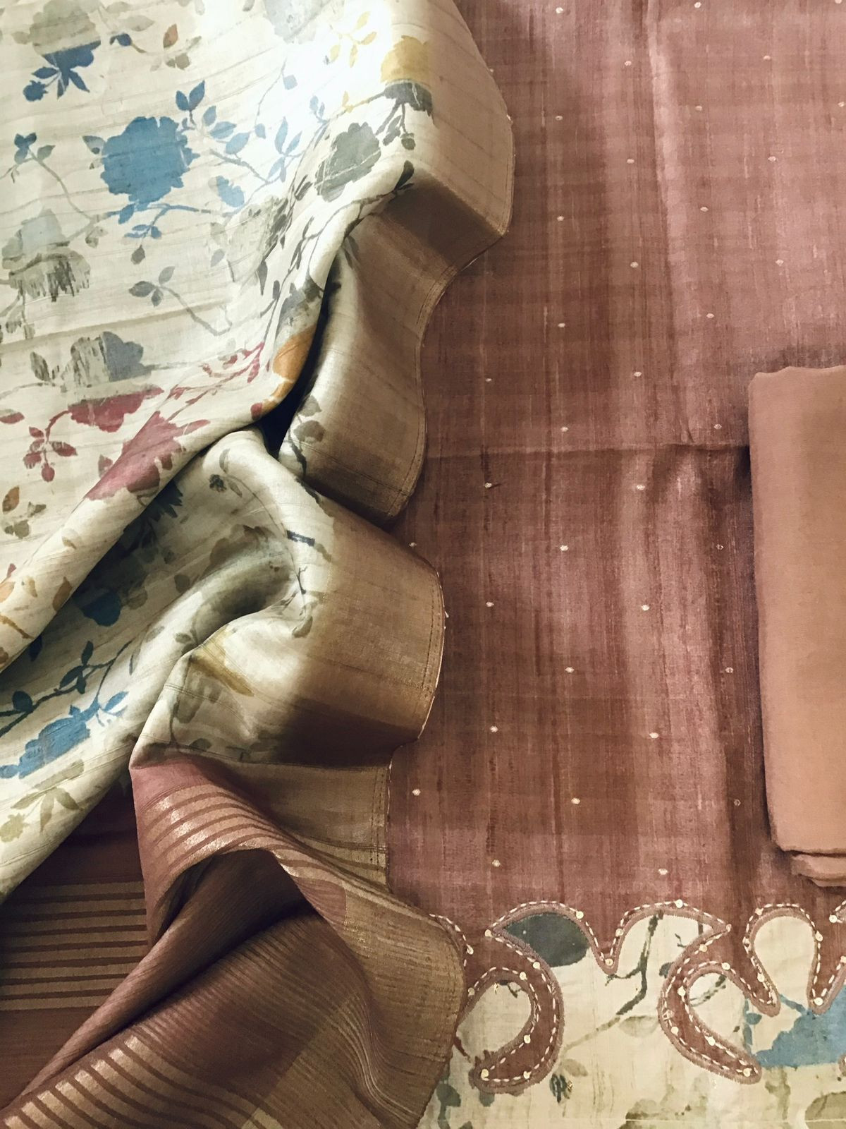 Soft Fine Semi Tussar Printed Embroidered Suit - Brown