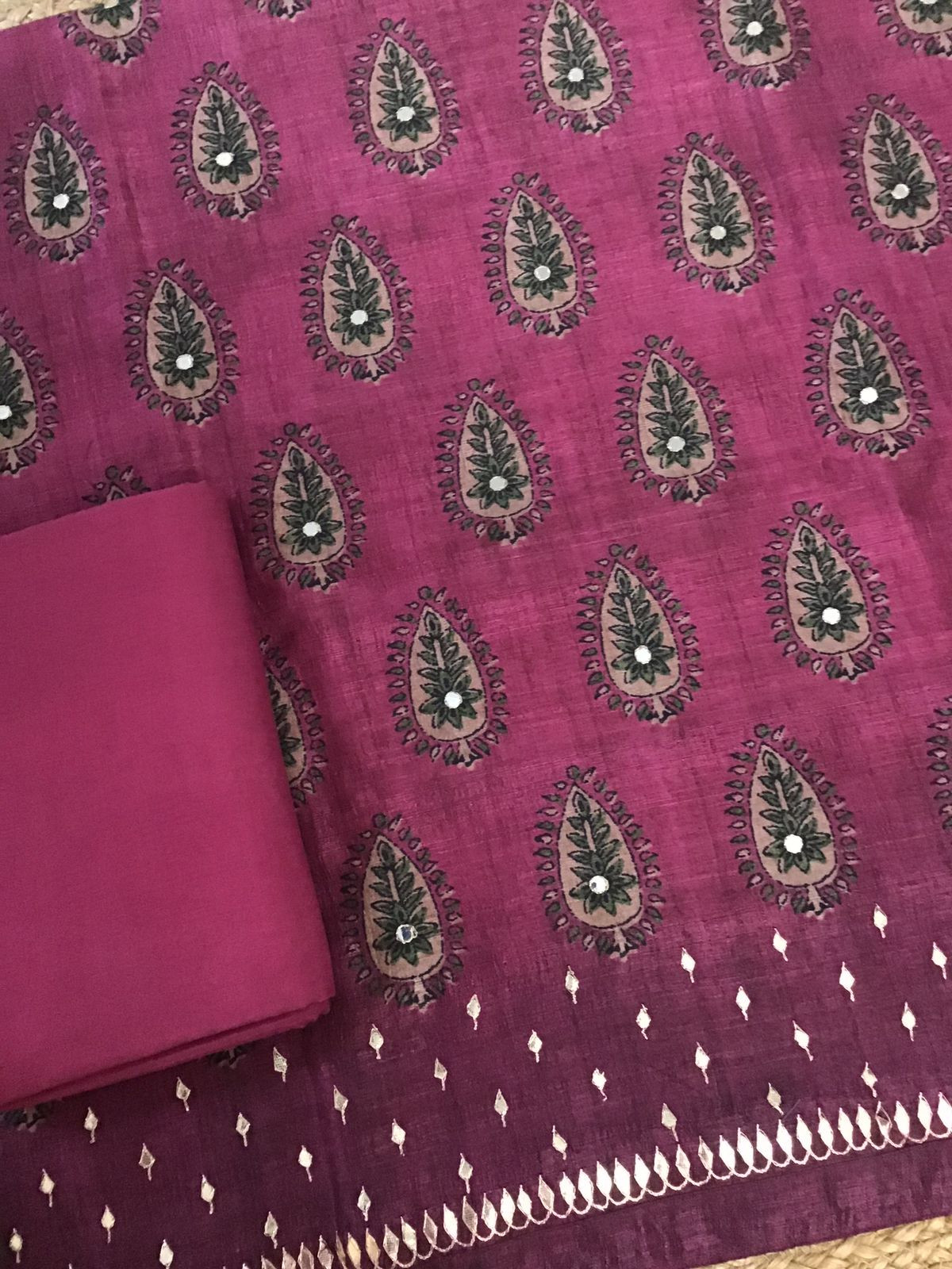 Soft Fine Semi Tussar Printed Embroidered Suit - Pink