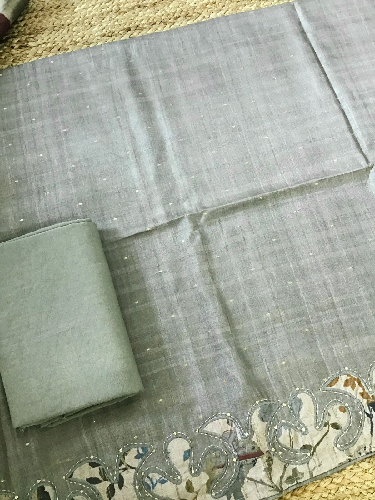 Soft Fine Semi Tussar Printed Embroidered Suit - Grey