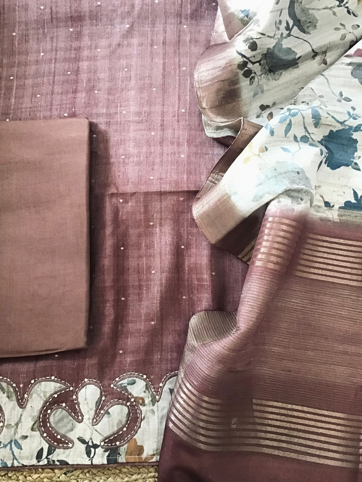 Soft Fine Semi Tussar Printed Embroidered Suit - Brown