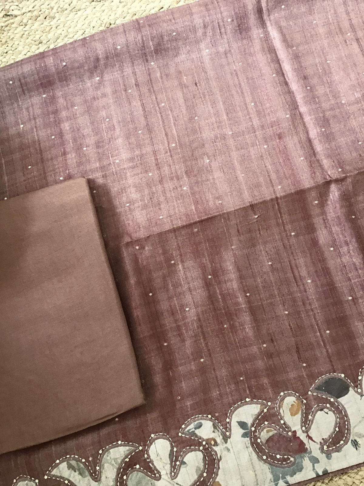 Soft Fine Semi Tussar Printed Embroidered Suit - Brown