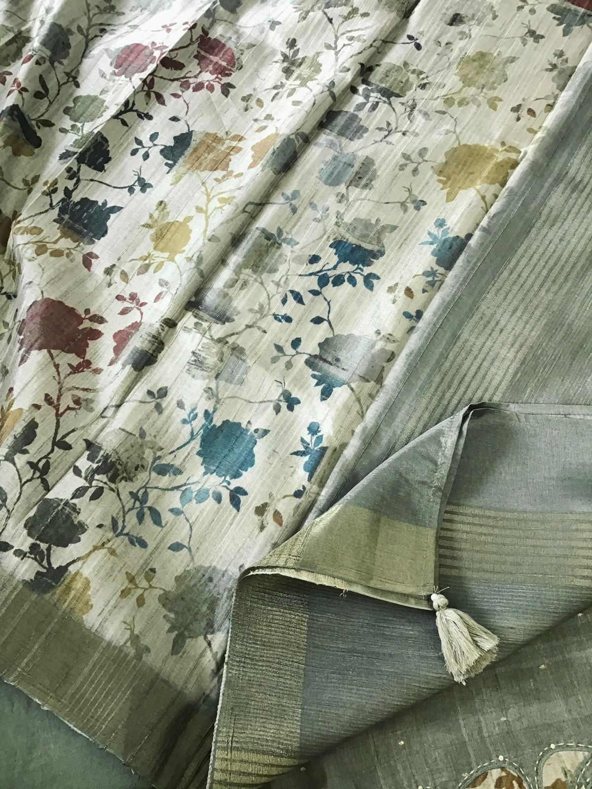 Soft Fine Semi Tussar Printed Embroidered Suit - Grey