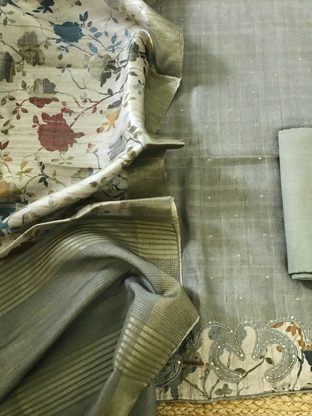 Soft Fine Semi Tussar Printed Embroidered Suit - Grey