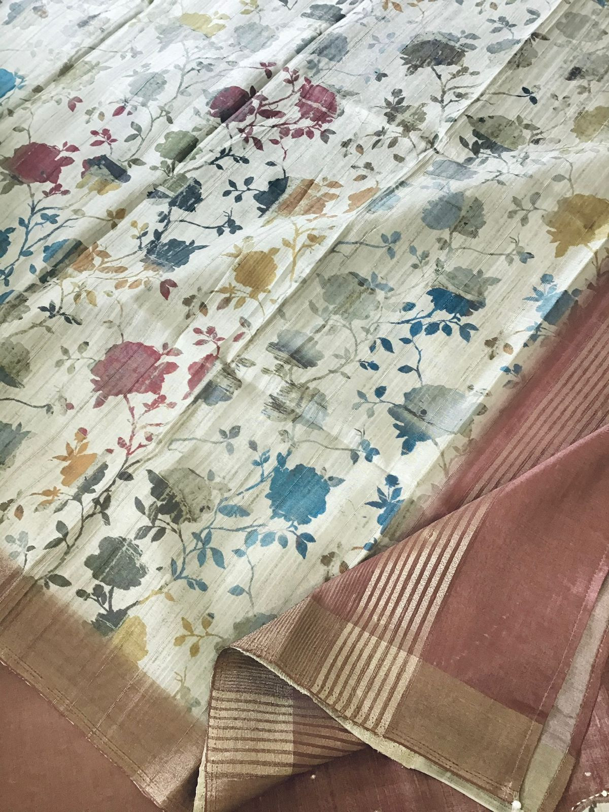 Soft Fine Semi Tussar Printed Embroidered Suit - Brown