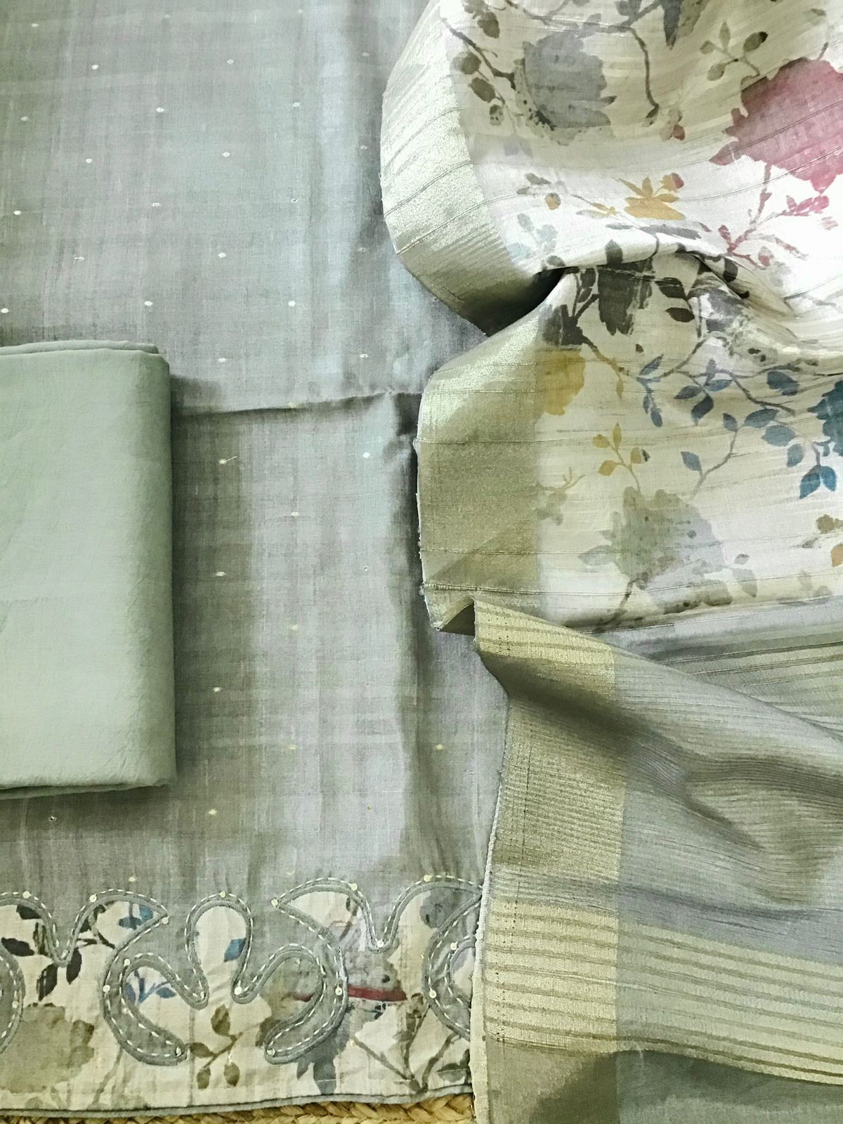 Soft Fine Semi Tussar Printed Embroidered Suit - Grey