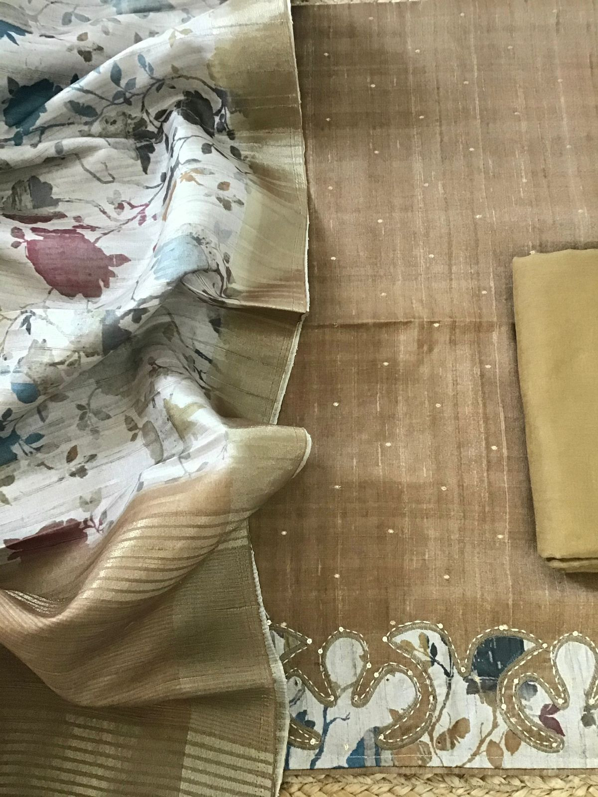 Soft Fine Semi Tussar Printed Embroidered Suit - Mustard Yellow