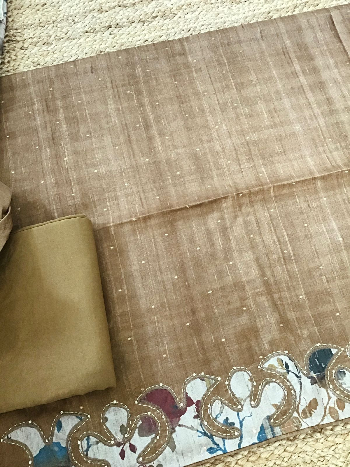 Soft Fine Semi Tussar Printed Embroidered Suit - Mustard Yellow