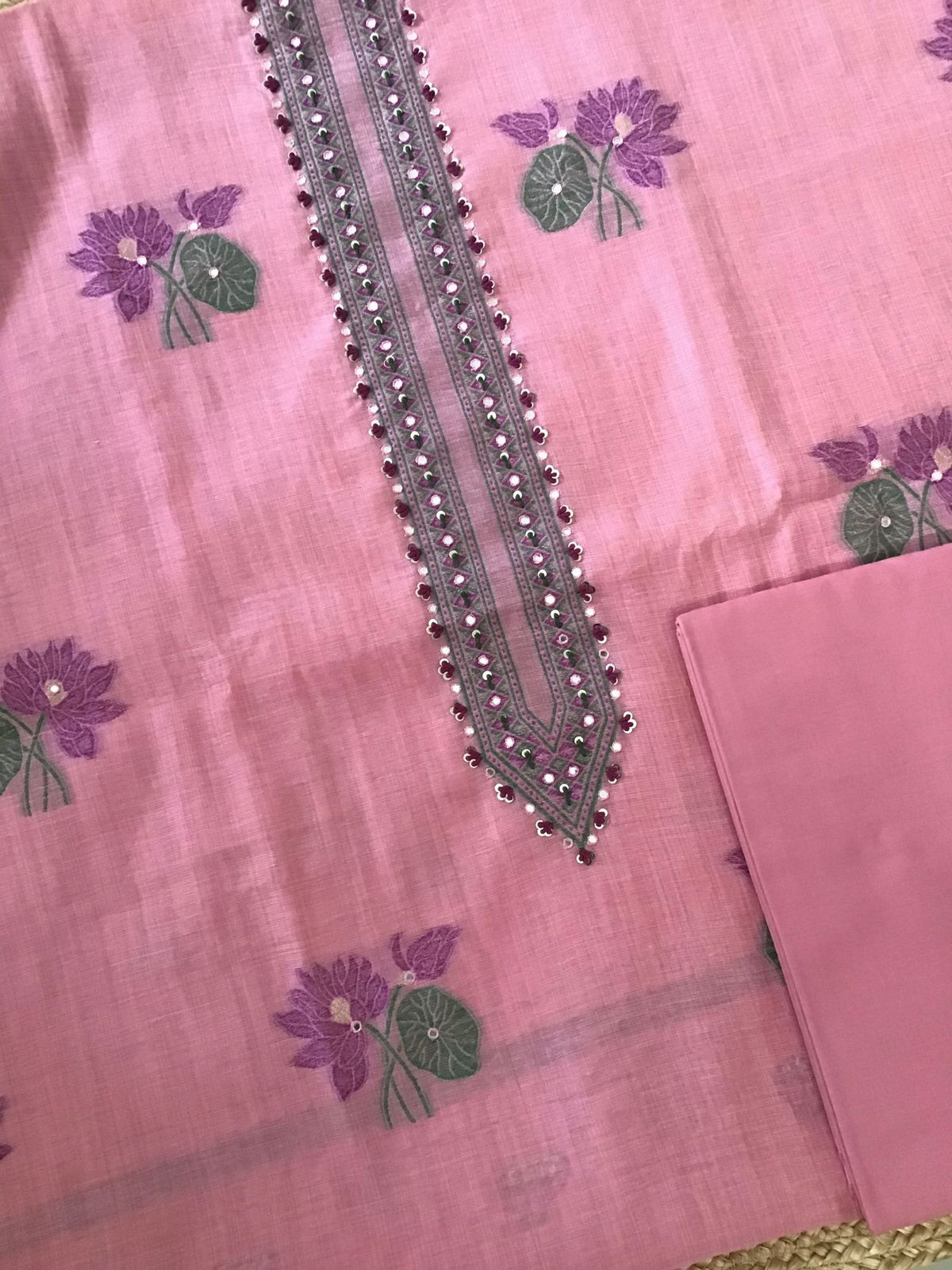 Soft Slub Chanderi Jamdani Weaved Embroidered Suit - Pink