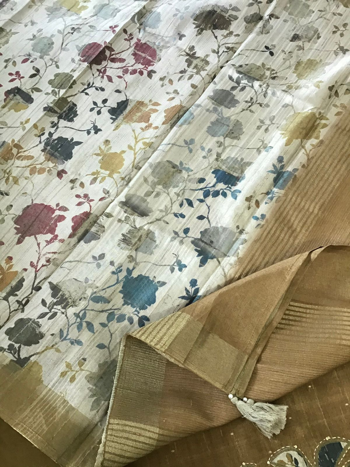 Soft Fine Semi Tussar Printed Embroidered Suit - Mustard Yellow